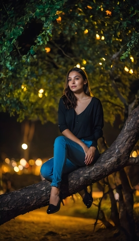 夜晚坐在树干上的牛仔裤美女图片